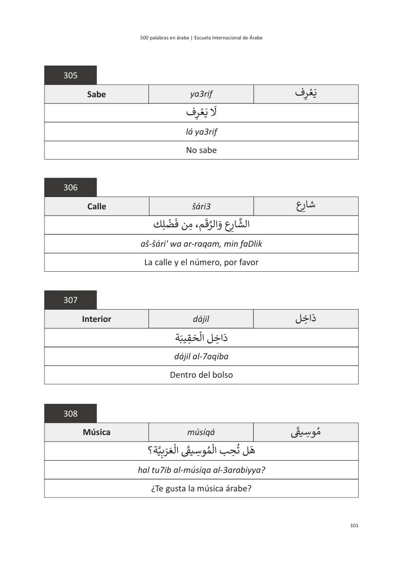 Página interior del libro 500 palabras en árabe estándar — entradas "sabe", "calle", "interior" y "música" con vocalización completa, transliteración fonética y frase ejemplo en árabe